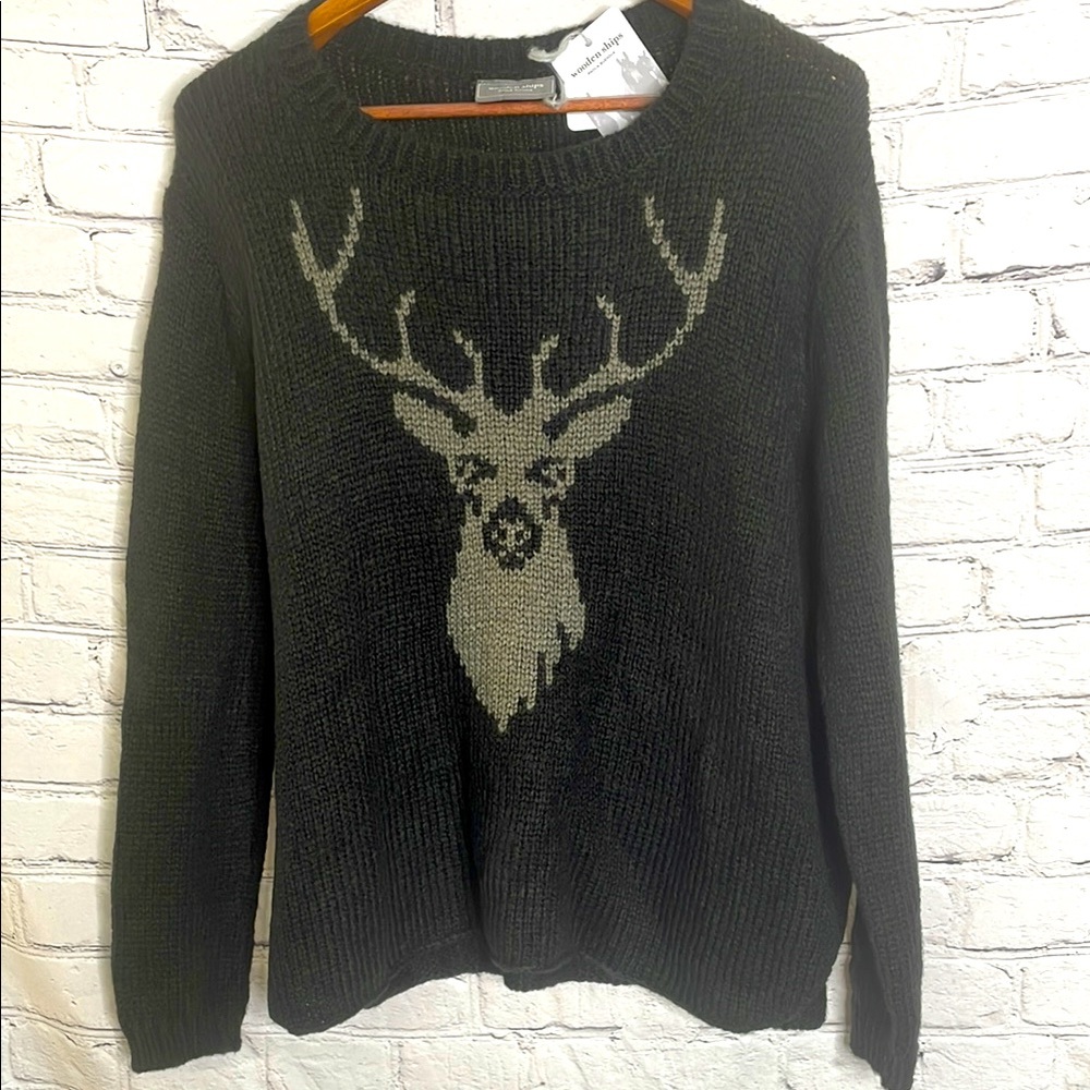 Wooden Ships Navy Blue Gray Stag Crewneck Long Sleeve Sweater Size Medium/Large